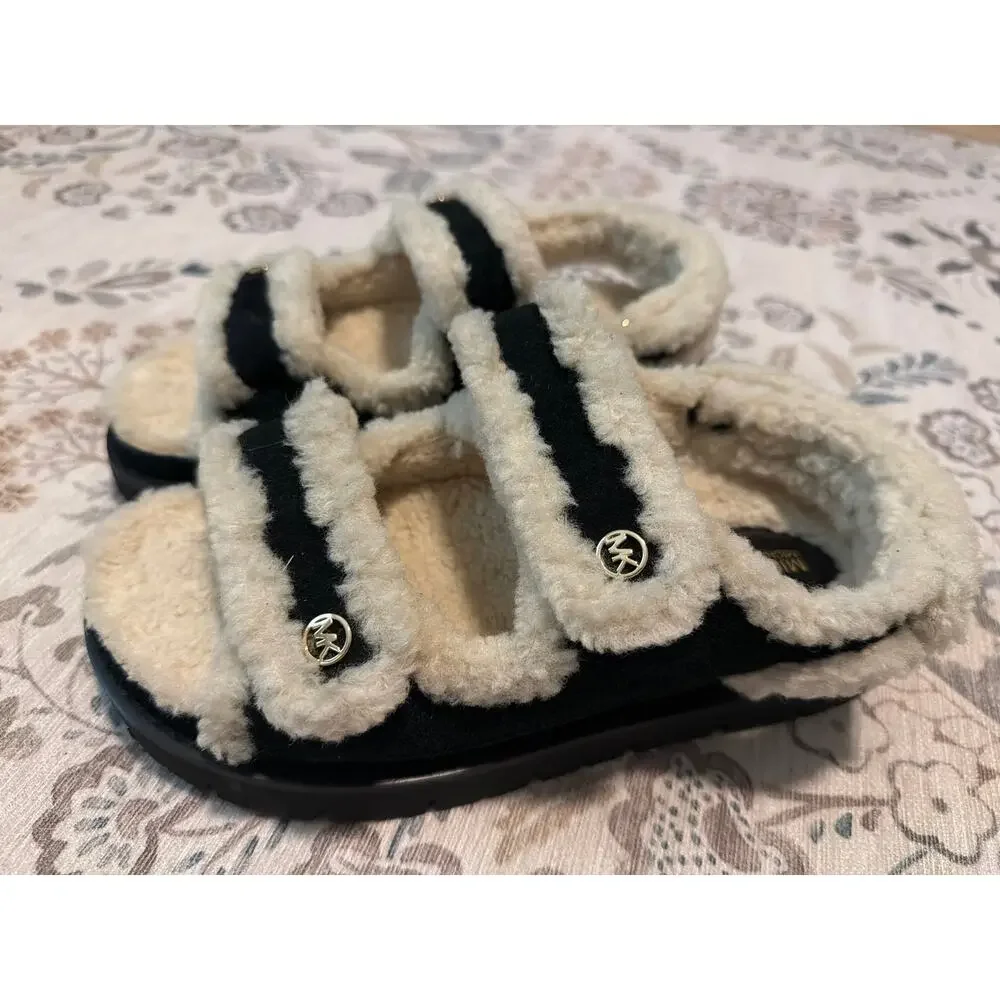 Michael Kors Holland Shearling Slides Sandals Black Cream Size 8